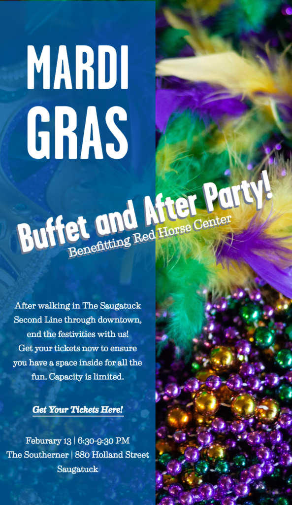 Graphic promoting a Mardi Gras party on February 13 from 6:30-9:30 PM at the Southerner